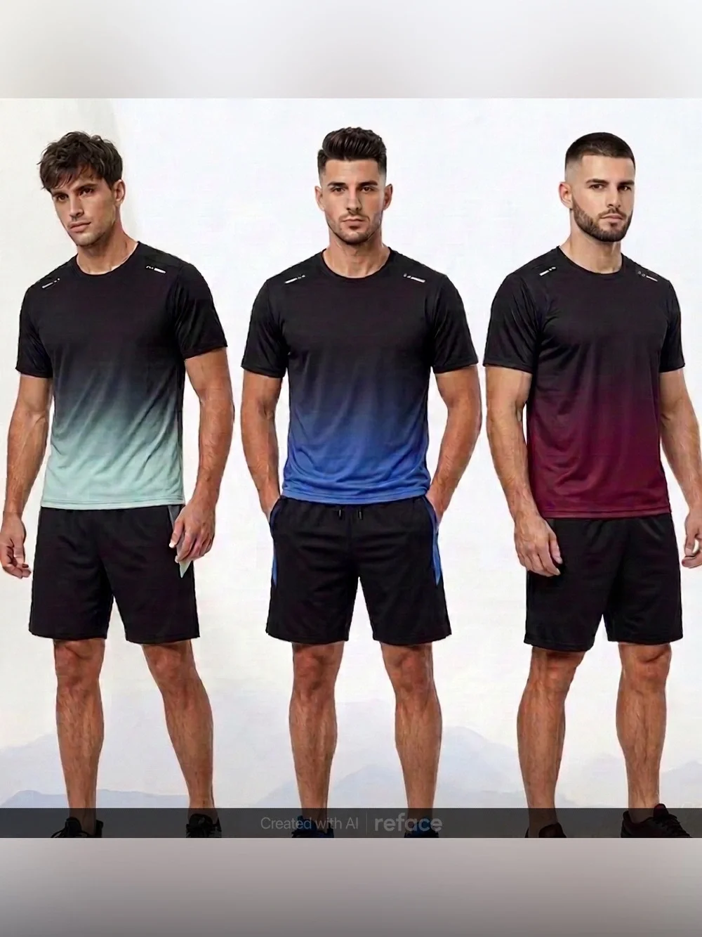 1 set - Men's Black Athletic T-shirt & Matching Shorts with Gradient Accent